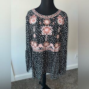 Savanna Jane Pink Embroidered Black Polka dot Boho Blouse Size Large